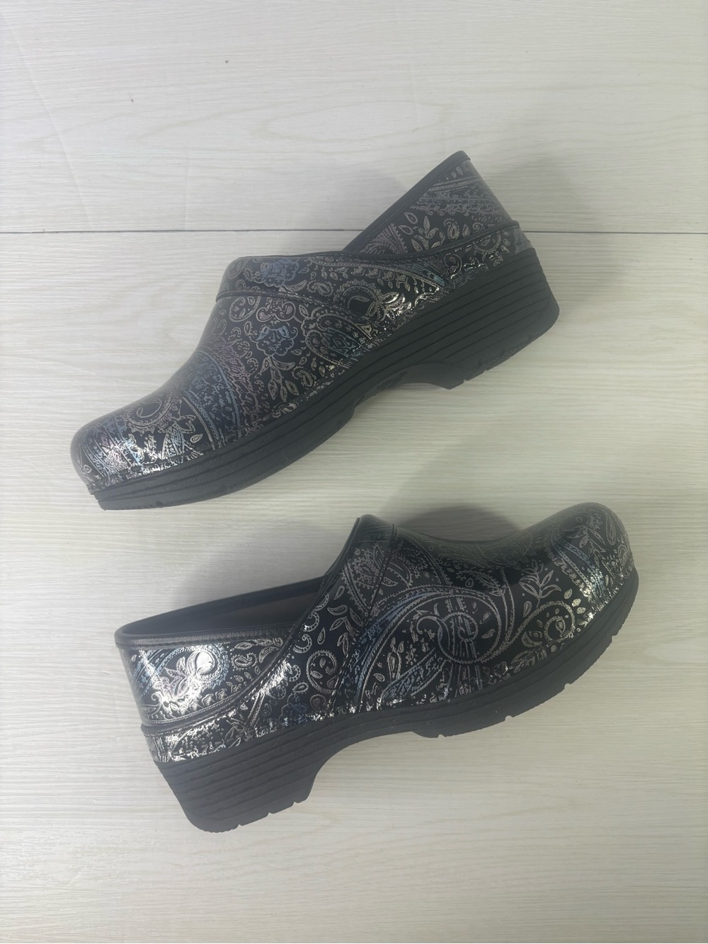 Dansko Professional Floral Tooled Blue Metallic Leather Clogs 37